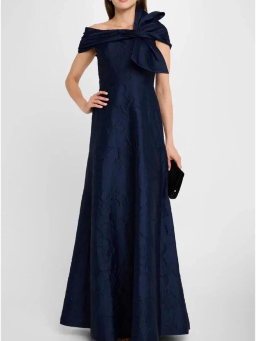 Rene Ruiz Navy Blue Off-Shoulder Floral Embossed Bow Gown Dress